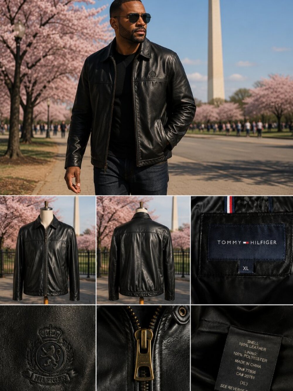 Tommy Hilfiger Leather Jacket Mens XL Black Full Zip Red Lining Coat Classic